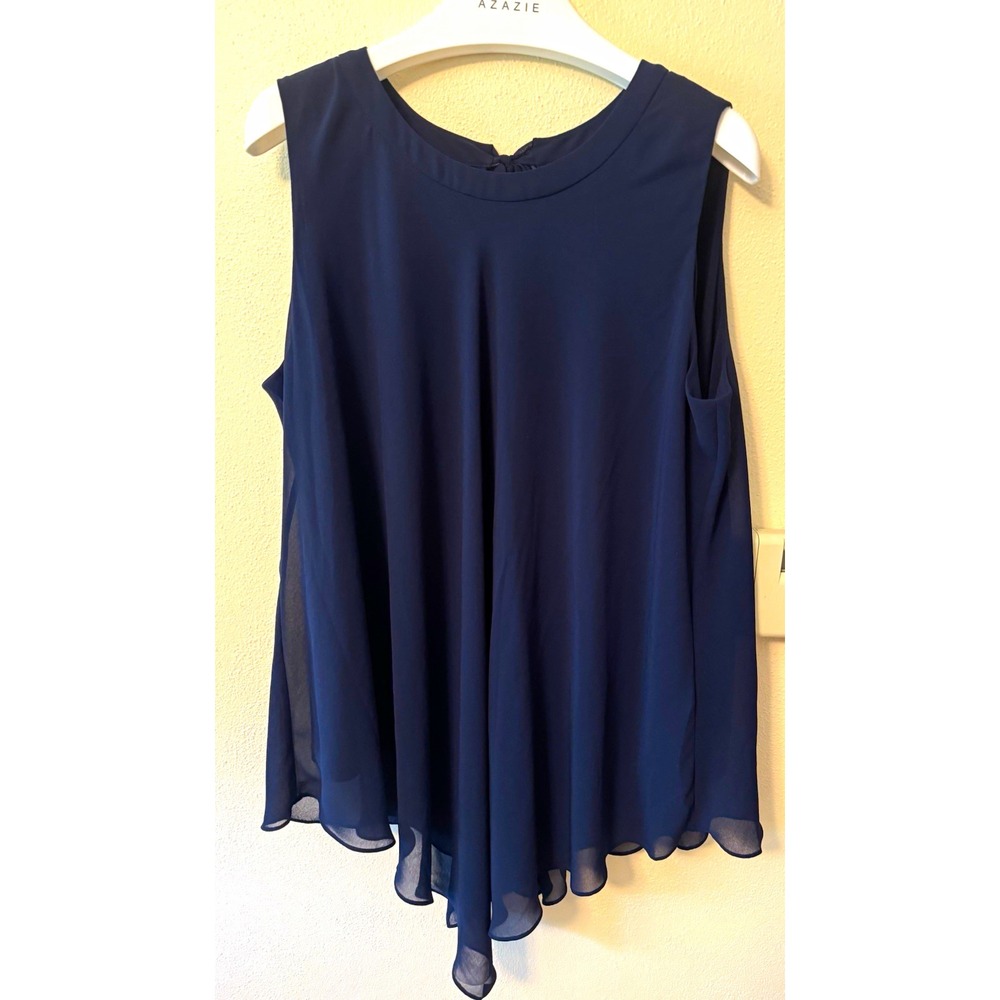 Susan Graver Women's Blue Solid Chiffon Round Neck Sleeveless Sheer Tie Blouse L